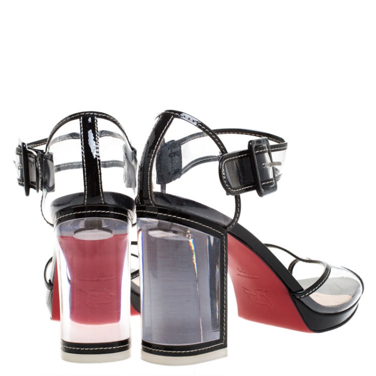 Pre Owned Christian Louboutin Clear PVC And Black Patent Trim Barbaclara Lucite Block Heel Sandals Size 38