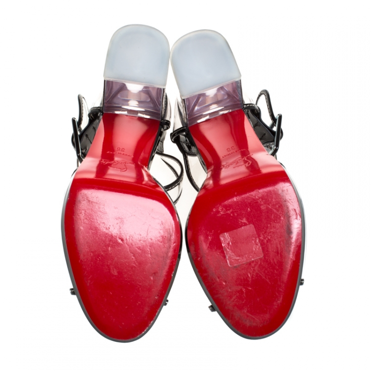 Pre Owned Christian Louboutin Clear PVC And Black Patent Trim Barbaclara Lucite Block Heel Sandals Size 38