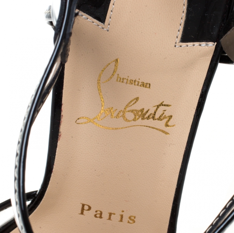 Pre Owned Christian Louboutin Clear PVC And Black Patent Trim Barbaclara Lucite Block Heel Sandals Size 38