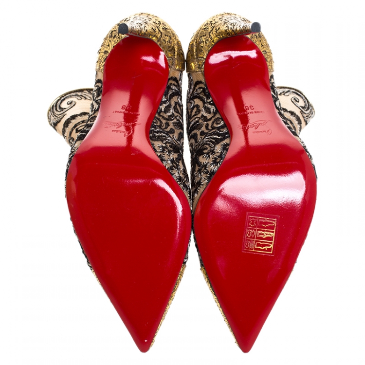 Pre Owned Christian Louboutin Gold/Black Embroidered Fabric and Leather Gipsy  Ankle Boots Size 38