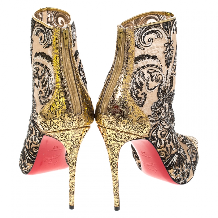 Pre Owned Christian Louboutin Gold/Black Embroidered Fabric and Leather Gipsy  Ankle Boots Size 38