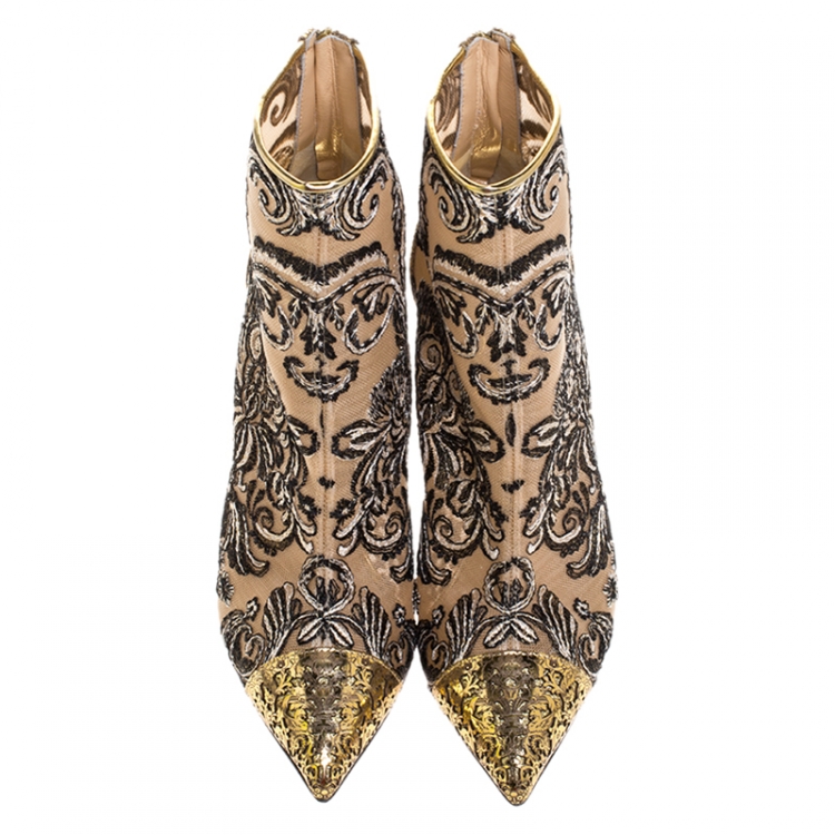 Pre Owned Christian Louboutin Gold/Black Embroidered Fabric and Leather Gipsy  Ankle Boots Size 38