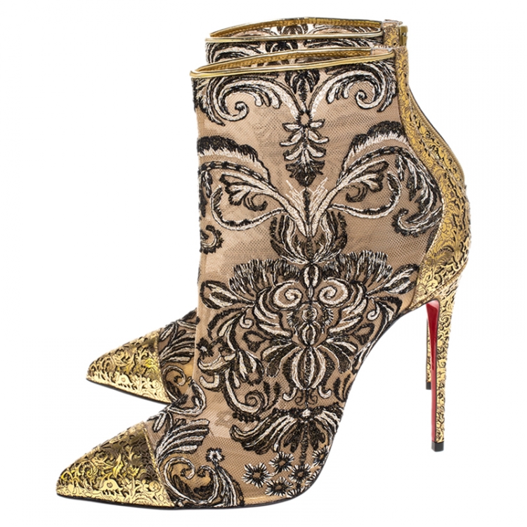 Pre Owned Christian Louboutin Gold/Black Embroidered Fabric and Leather Gipsy  Ankle Boots Size 38