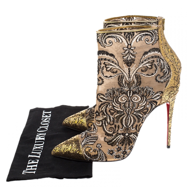 Pre Owned Christian Louboutin Gold/Black Embroidered Fabric and Leather Gipsy  Ankle Boots Size 38