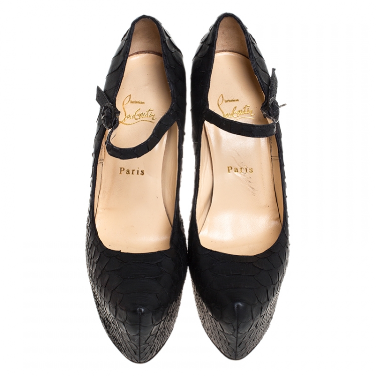 مملوكة مسبقًا Christian Louboutin Black Python Lady Daf Mary Jane Platform Pumps Size 38.5