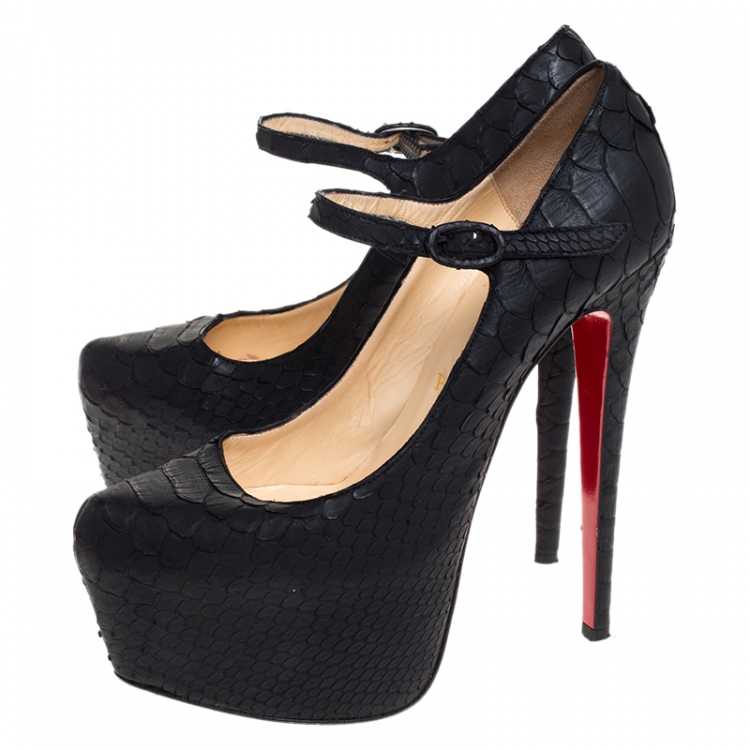 مملوكة مسبقًا Christian Louboutin Black Python Lady Daf Mary Jane Platform Pumps Size 38.5