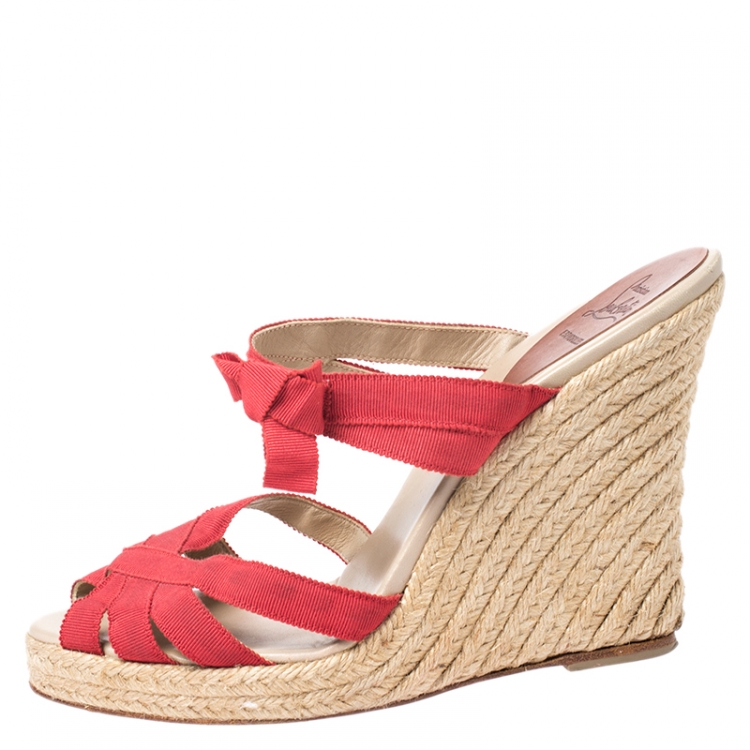 Pre Owned Christian Louboutin Red Canvas Delfin Espadrille Wedge Sandals Size 41