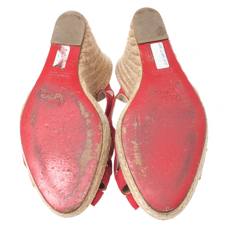Pre Owned Christian Louboutin Red Canvas Delfin Espadrille Wedge Sandals Size 41