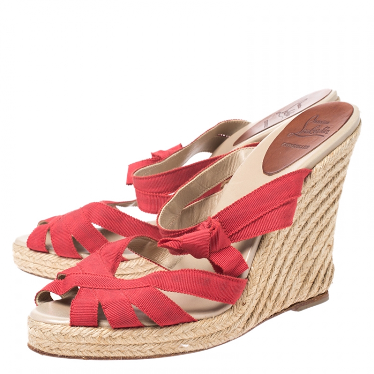 Pre Owned Christian Louboutin Red Canvas Delfin Espadrille Wedge Sandals Size 41