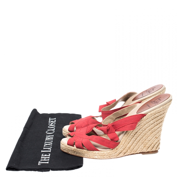 Pre Owned Christian Louboutin Red Canvas Delfin Espadrille Wedge Sandals Size 41