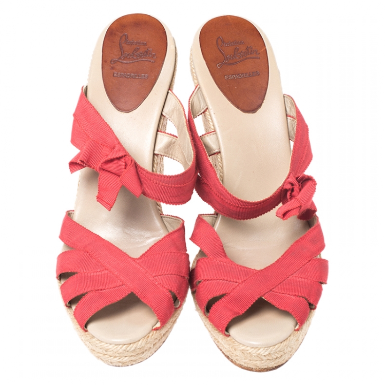 Pre Owned Christian Louboutin Red Canvas Delfin Espadrille Wedge Sandals Size 41