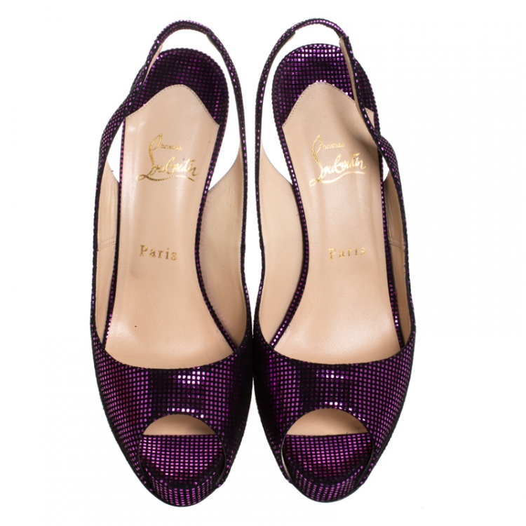 Pre Owned Christian Louboutin Metallic Purple/Black Textured Suede No. Prive Slingback Sandals Size 40.5