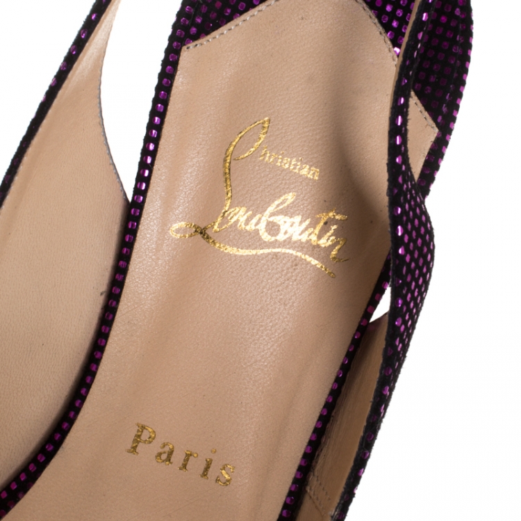 Pre Owned Christian Louboutin Metallic Purple/Black Textured Suede No. Prive Slingback Sandals Size 40.5