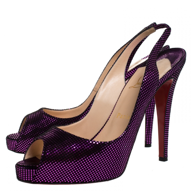 Pre Owned Christian Louboutin Metallic Purple/Black Textured Suede No. Prive Slingback Sandals Size 40.5