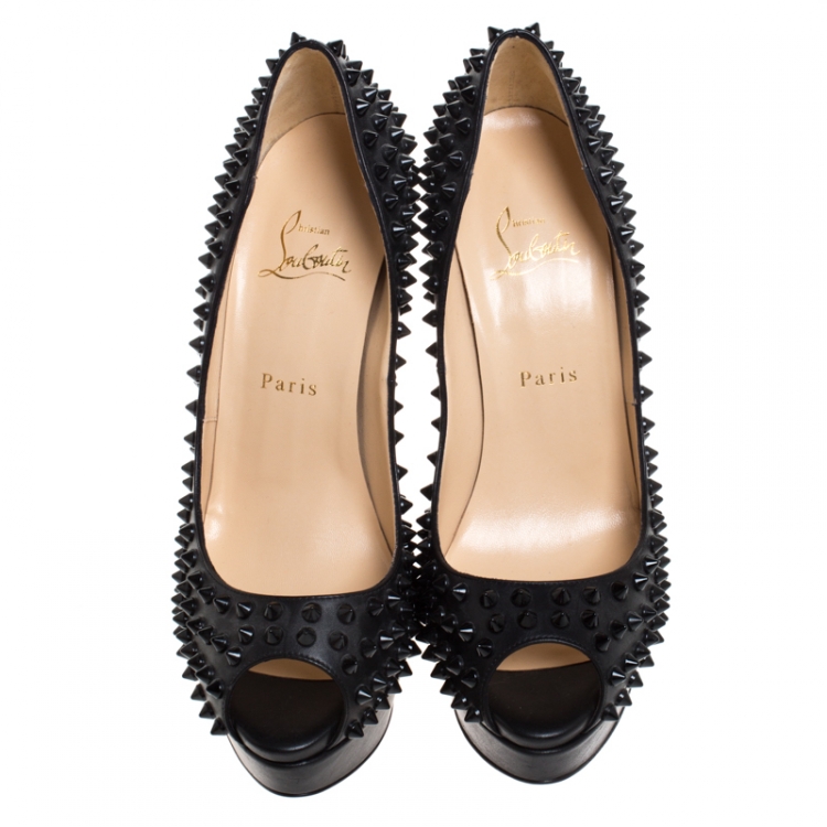 Pre Owned Christian Louboutin Black Leather Lady Peep Spikes Platform Pumps Size 40