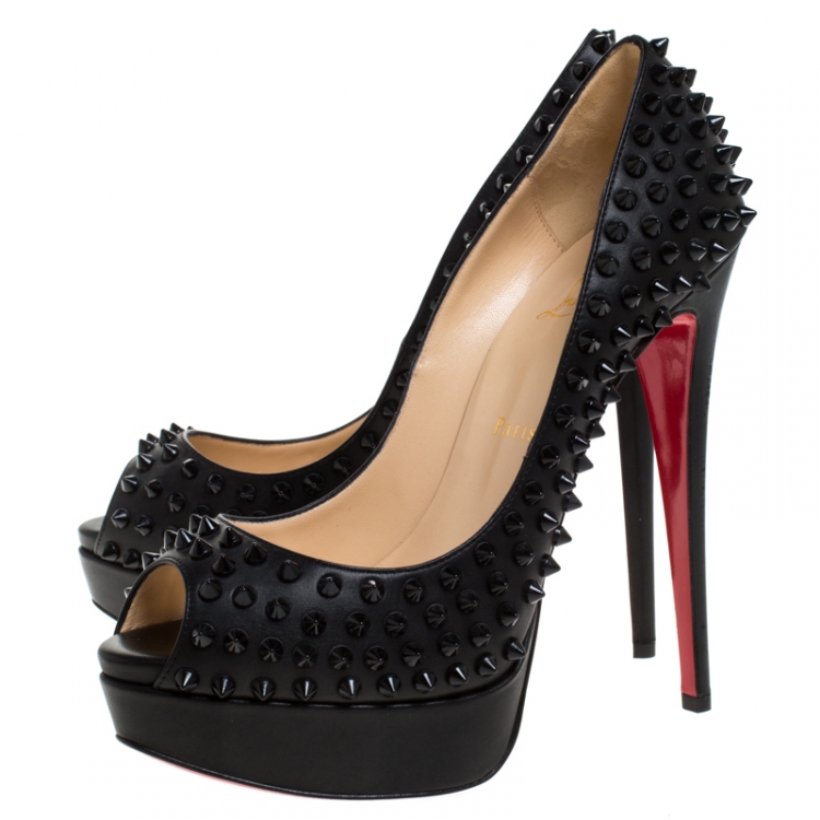 Pre Owned Christian Louboutin Black Leather Lady Peep Spikes Platform Pumps Size 40