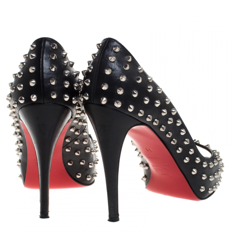 Pre Owned Christian Louboutin Black Leather Very Prive Studded Peep Toe Platform Pumps Size 41
