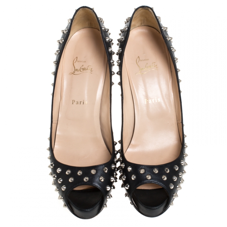 Pre Owned Christian Louboutin Black Leather Very Prive Studded Peep Toe Platform Pumps Size 41