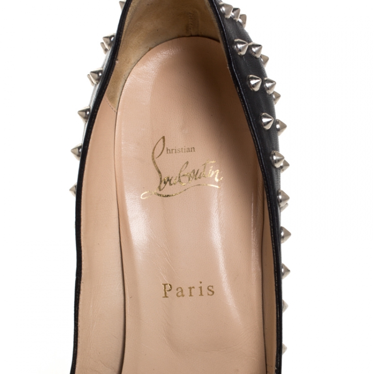 Pre Owned Christian Louboutin Black Leather Very Prive Studded Peep Toe Platform Pumps Size 41