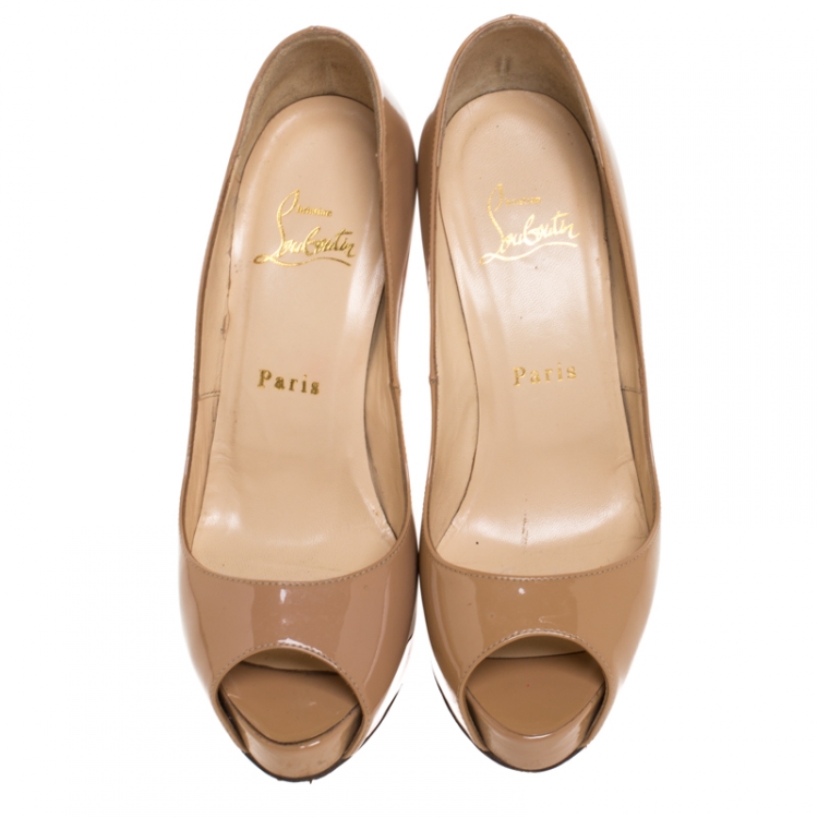 Pre Owned Christian Louboutin Beige Patent Leather Very Prive Peep Toe Pumps Size 36