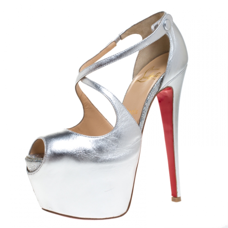 Pre Owned Christian Louboutin Metallic Silver Leather Exagona Platform Sandals Size 36.5