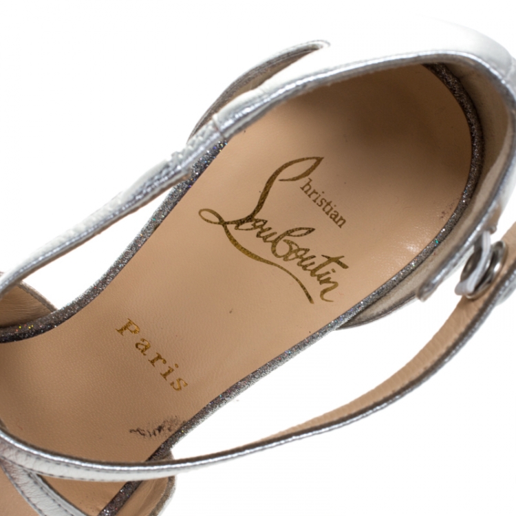Pre Owned Christian Louboutin Metallic Silver Leather Exagona Platform Sandals Size 36.5