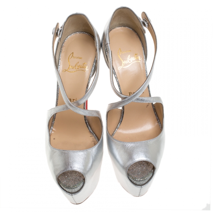 Pre Owned Christian Louboutin Metallic Silver Leather Exagona Platform Sandals Size 36.5