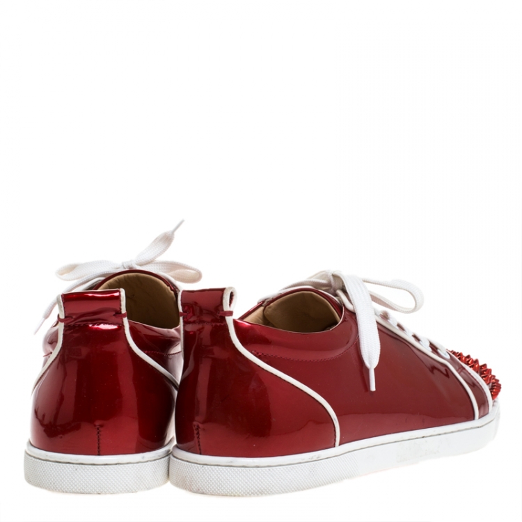 Pre Owned Christian Louboutin Red Patent Leather And White Leather Trim Louis Junior Spikes Sneakers Size 42