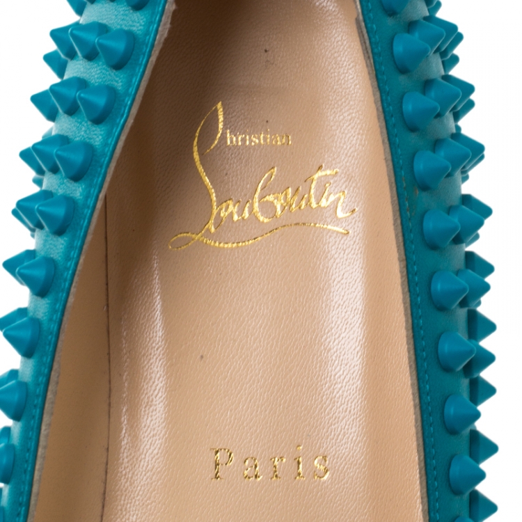 Pre Owned Christian Louboutin Blue Leather Pigalle Spike Ballet Flats Size 38.5