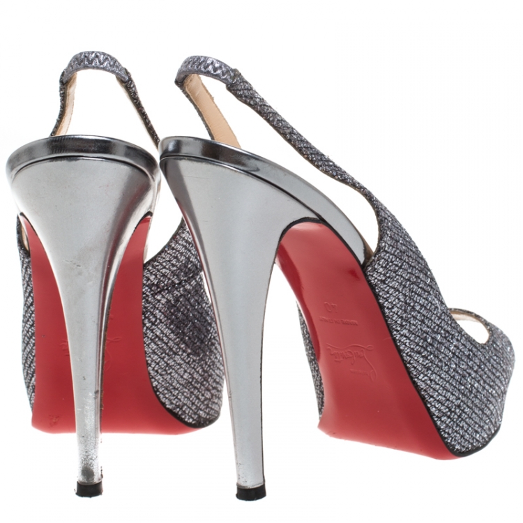 Pre Owned Christian Louboutin Metallic Grey Glitter Fabric No Prive Slingback Platform Sandals Size 40