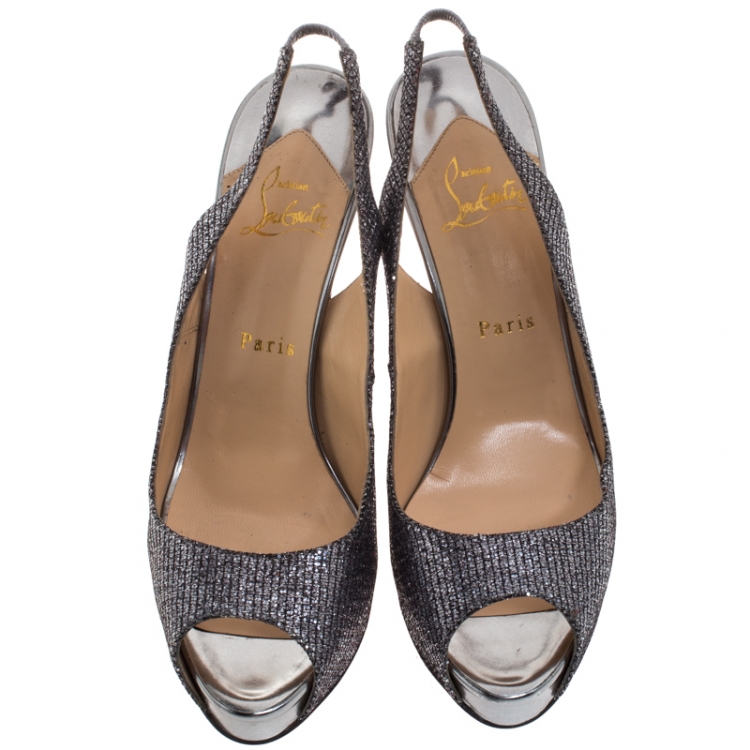 Pre Owned Christian Louboutin Metallic Grey Glitter Fabric No Prive Slingback Platform Sandals Size 40