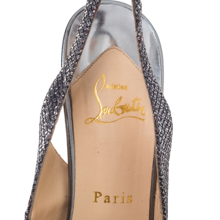 Pre Owned Christian Louboutin Metallic Grey Glitter Fabric No Prive Slingback Platform Sandals Size 40