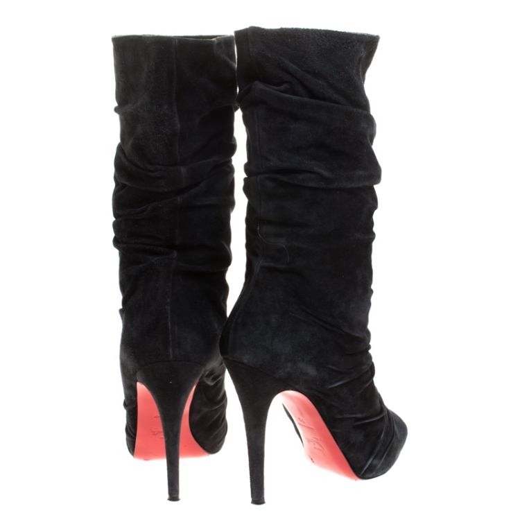 Pre Owned Christian Louboutin Black Ruched Suede Piros Mid Calf Boots Size 38