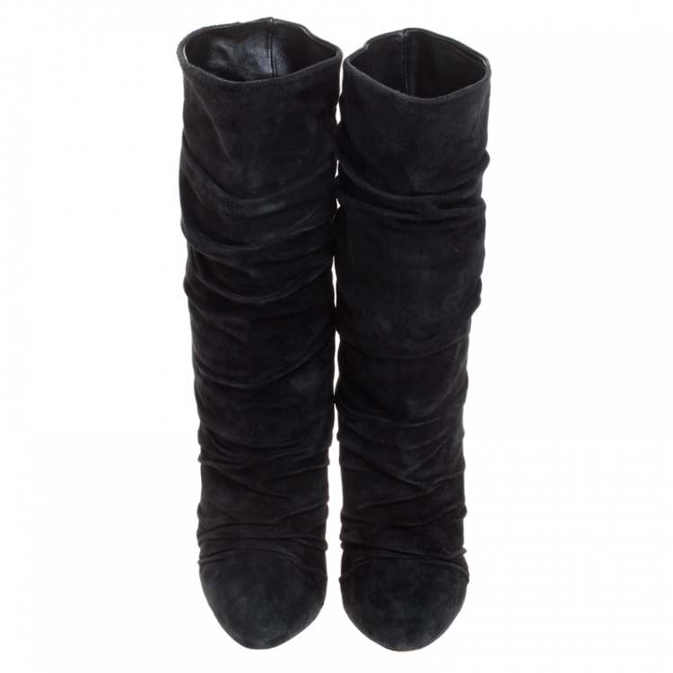 Pre Owned Christian Louboutin Black Ruched Suede Piros Mid Calf Boots Size 38