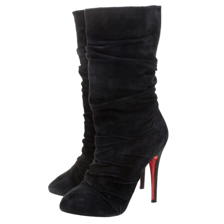 Pre Owned Christian Louboutin Black Ruched Suede Piros Mid Calf Boots Size 38