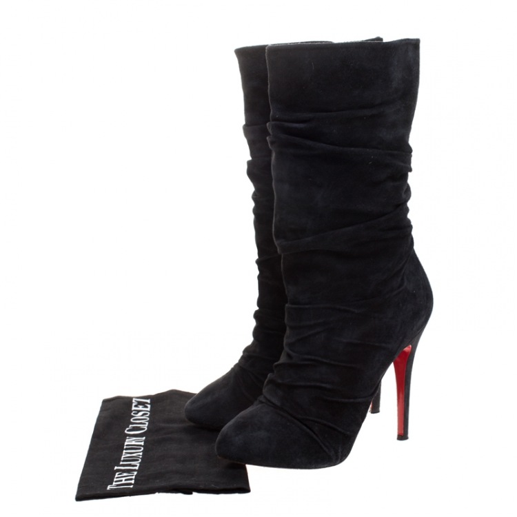 Pre Owned Christian Louboutin Black Ruched Suede Piros Mid Calf Boots Size 38