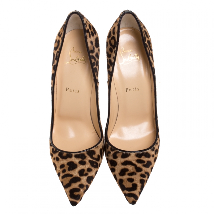 Pre Owned Christian Louboutin Beige/Brown Leopard Print Pony Hair So Kate Pointed Toe Pumps Size 40