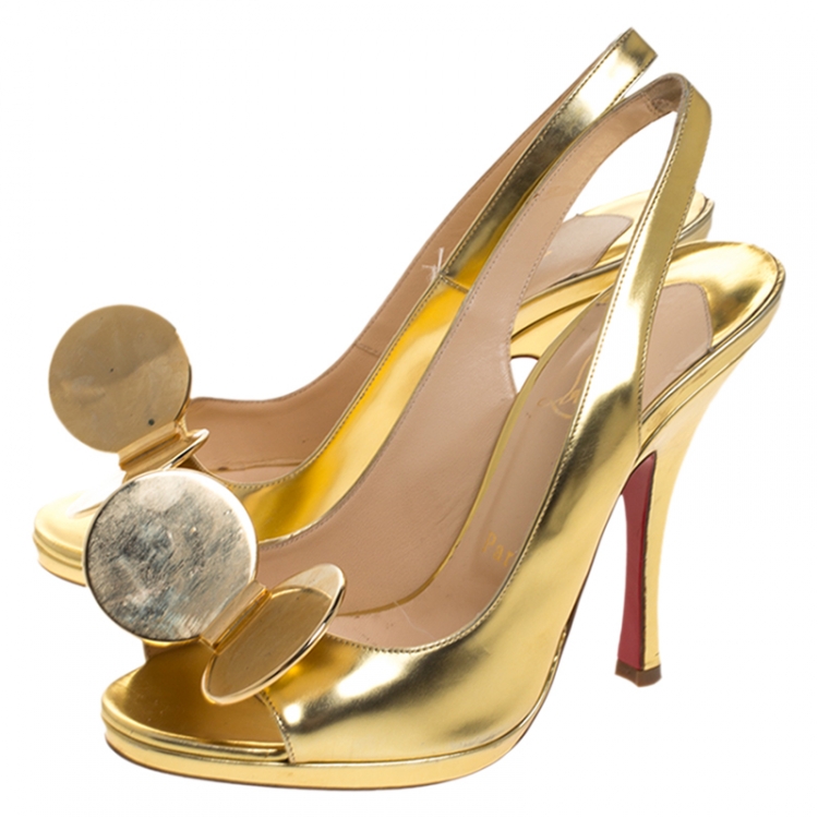 Pre Owned Christian Louboutin Metallic Gold Leather Madame Mouse Peep Toe Slingback Sandals Size 37