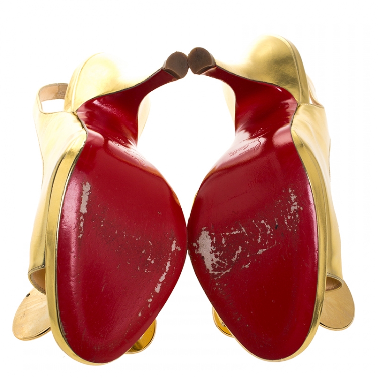 Pre Owned Christian Louboutin Metallic Gold Leather Madame Mouse Peep Toe Slingback Sandals Size 37