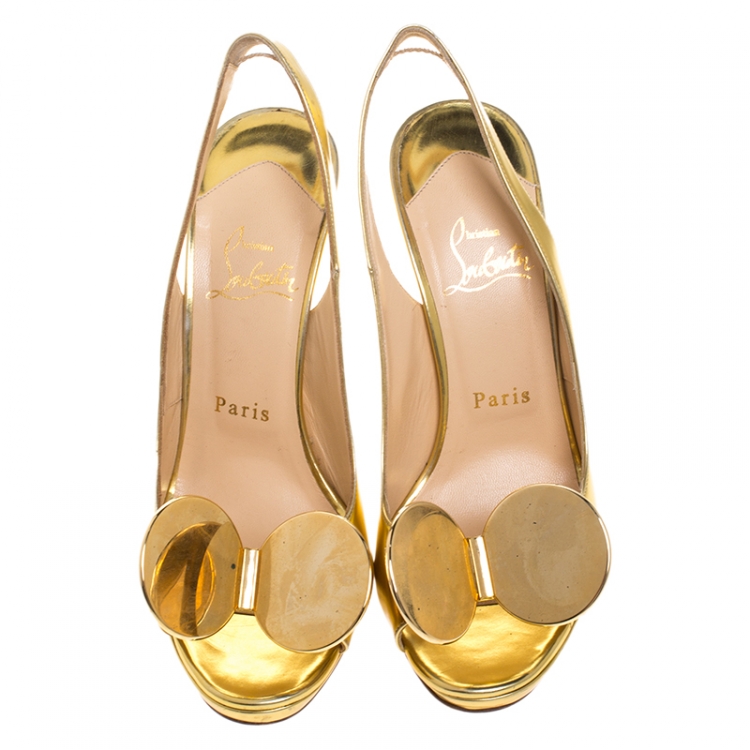 Pre Owned Christian Louboutin Metallic Gold Leather Madame Mouse Peep Toe Slingback Sandals Size 37