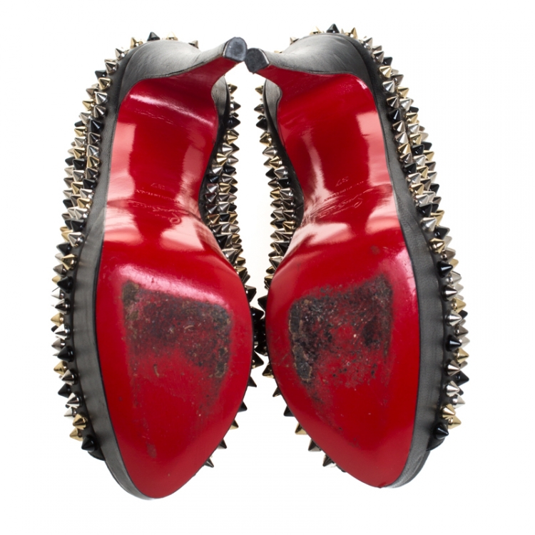 Pre Owned Christian Louboutin Black Leather Spiked Lady Peep Toe Platform Pumps Size 37