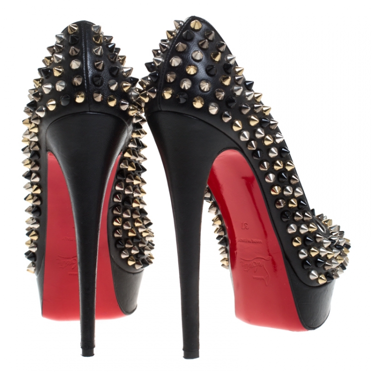 Pre Owned Christian Louboutin Black Leather Spiked Lady Peep Toe Platform Pumps Size 37