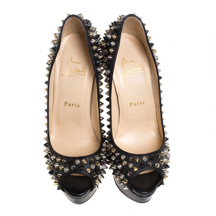 Pre Owned Christian Louboutin Black Leather Spiked Lady Peep Toe Platform Pumps Size 37