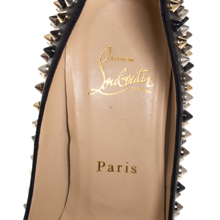 Pre Owned Christian Louboutin Black Leather Spiked Lady Peep Toe Platform Pumps Size 37
