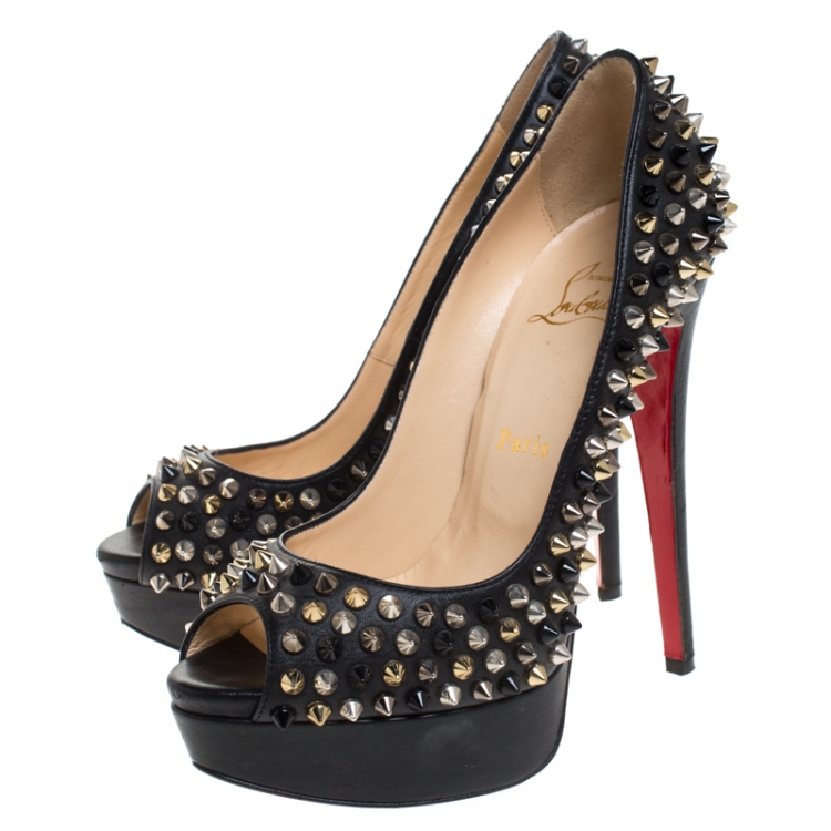 Pre Owned Christian Louboutin Black Leather Spiked Lady Peep Toe Platform Pumps Size 37