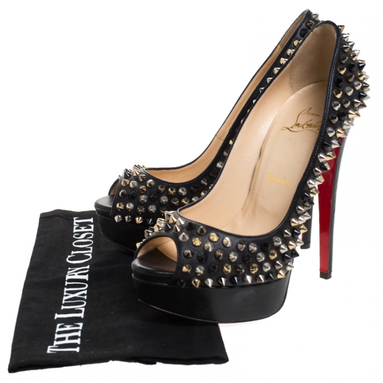 Pre Owned Christian Louboutin Black Leather Spiked Lady Peep Toe Platform Pumps Size 37