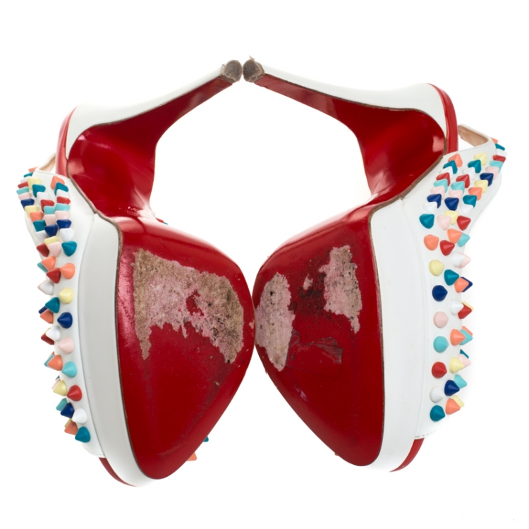 Pre Owned Christian Louboutin White Leather Lady Peep Multicolor Spikes Slingback Sandals Size 37