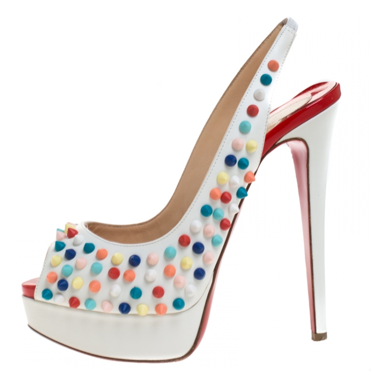 Pre Owned Christian Louboutin White Leather Lady Peep Multicolor Spikes Slingback Sandals Size 37