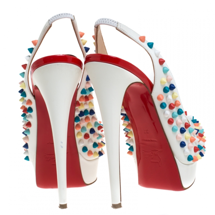 Pre Owned Christian Louboutin White Leather Lady Peep Multicolor Spikes Slingback Sandals Size 37