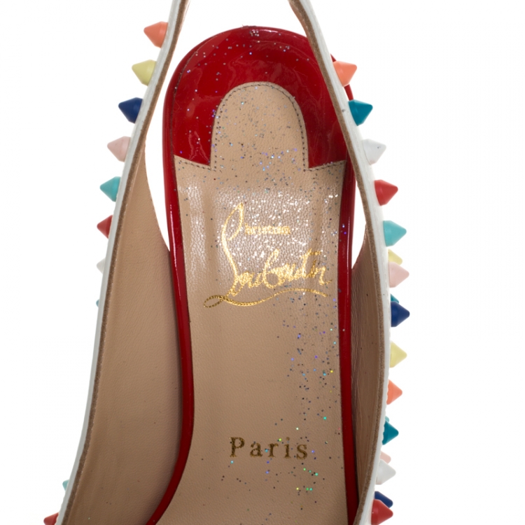 Pre Owned Christian Louboutin White Leather Lady Peep Multicolor Spikes Slingback Sandals Size 37